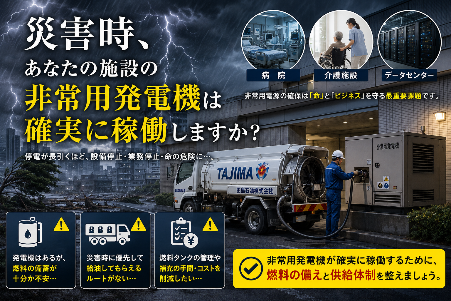 非常用発電機への軽油の直接給油・配送サービス | 田島石油株式会社